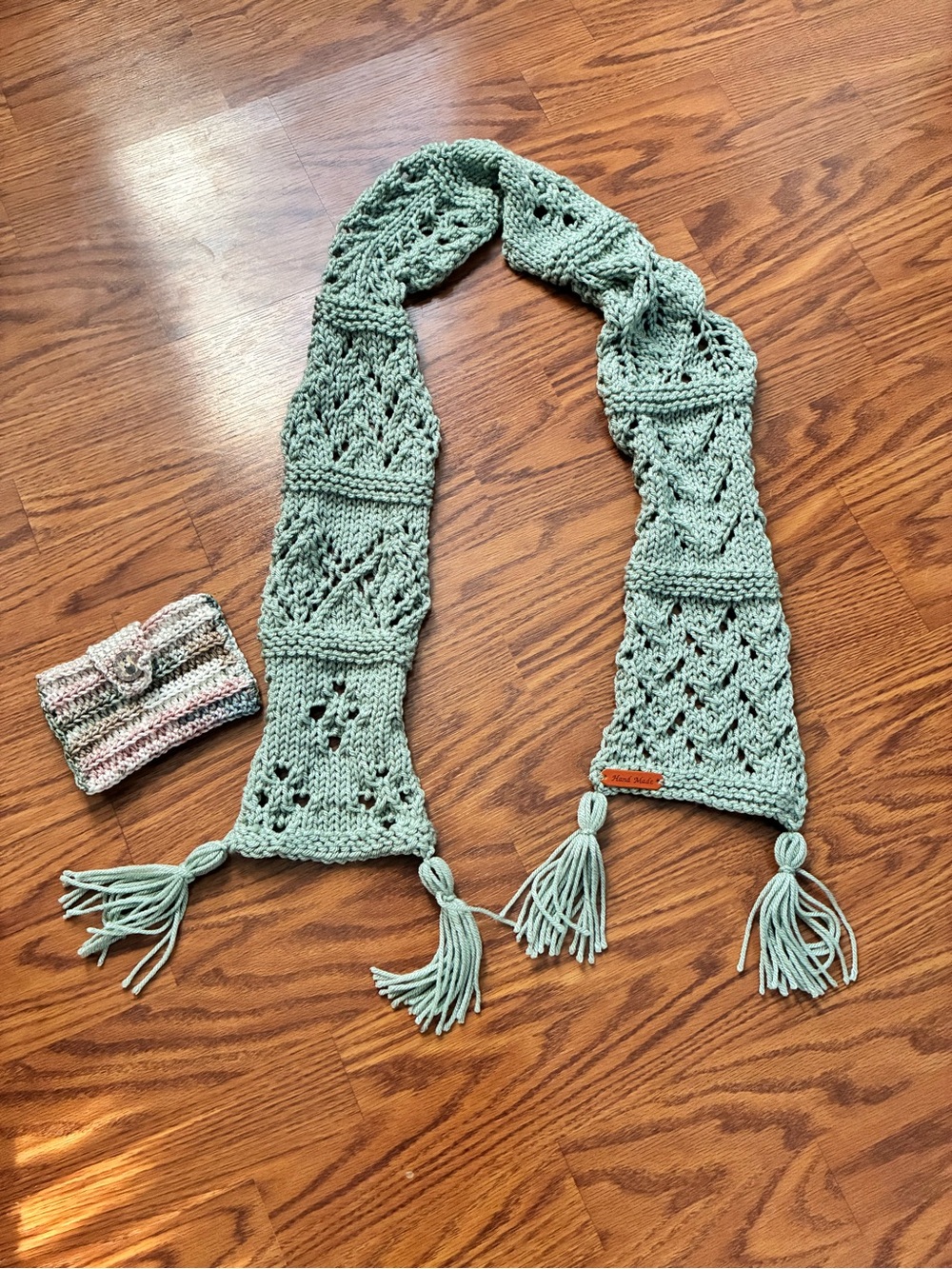 🆕 Hand-Knit Sage Green Scarf with Tassels & pastels pouch